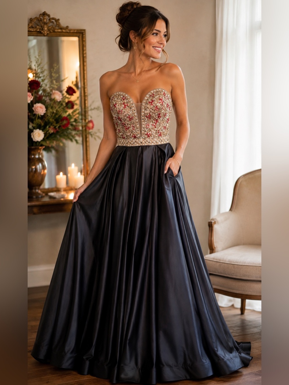 Rich's Apparel Black Champagne Rhinestone Beaded Strapless Formal Gown Dress